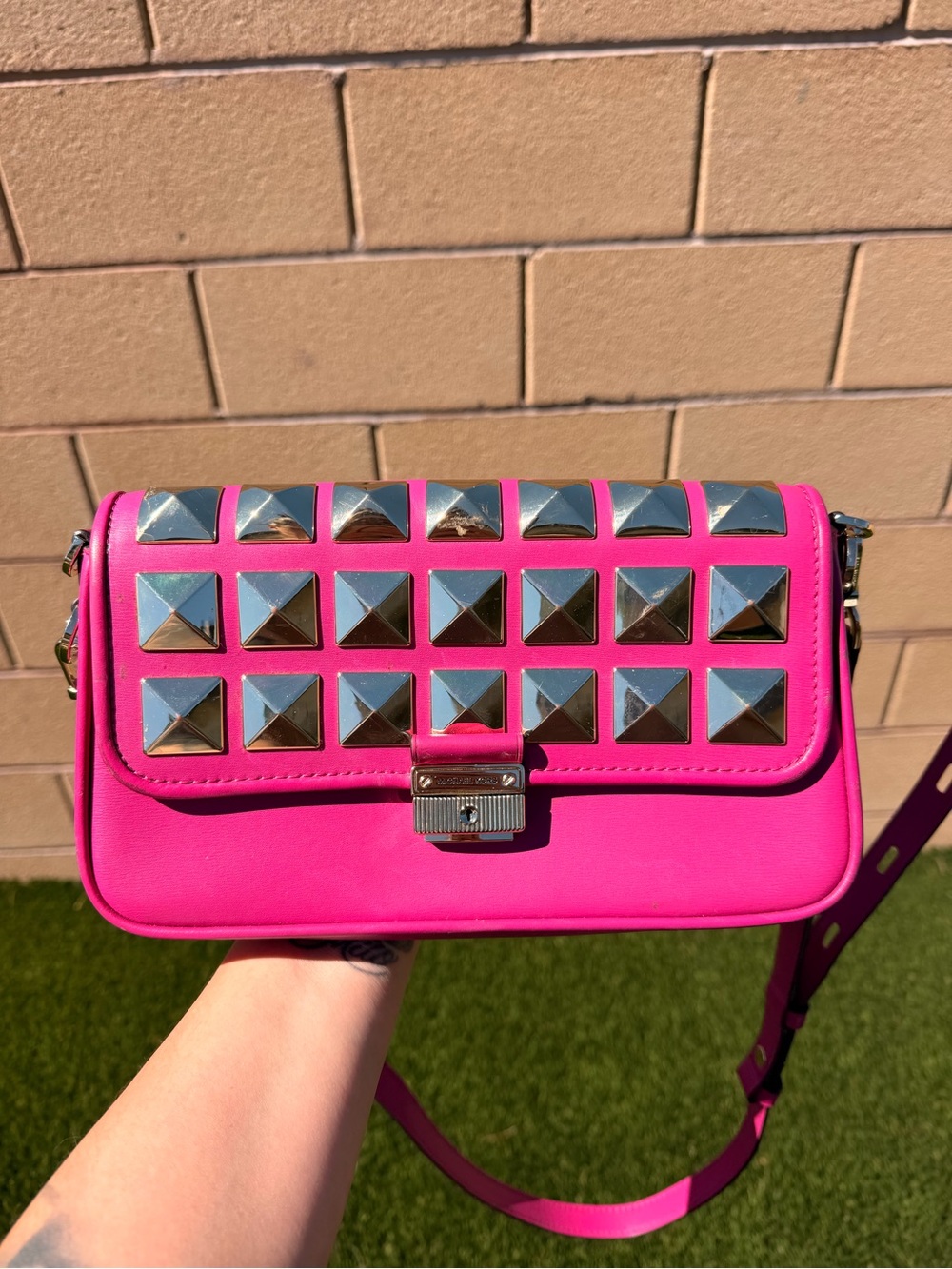 Micheal Kors Studded fuchsia Crossbody Bag with Gold Hardware